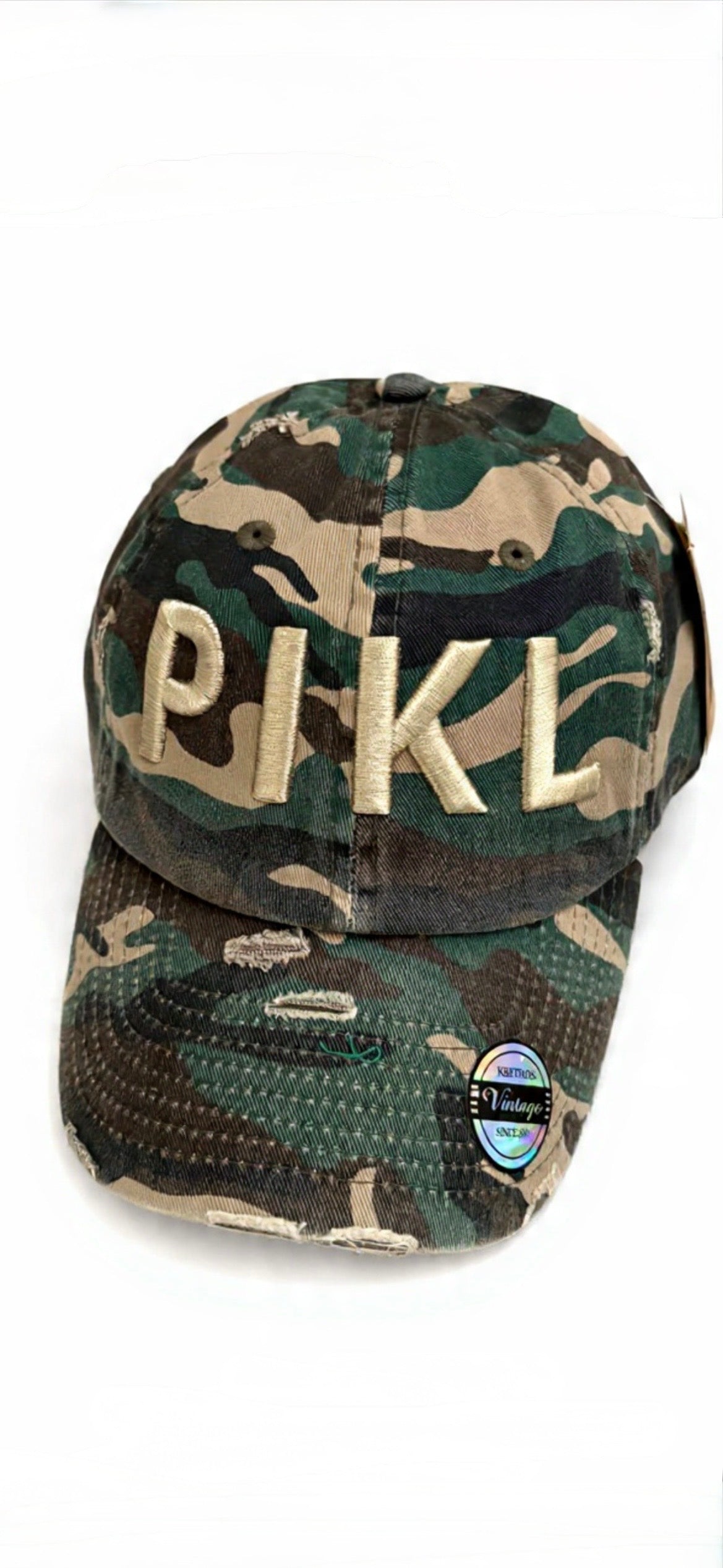Distressed Camo PIKL Pickleball Baseball Cap